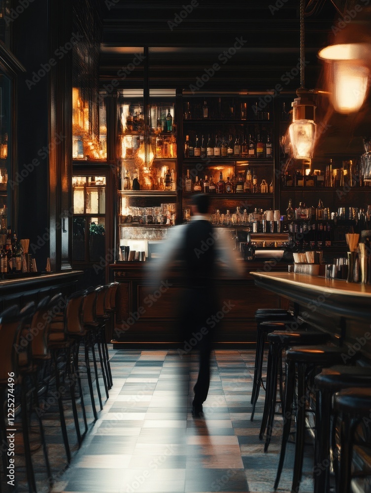Motion blur of a waiter walking across in a bar. Motion blur of a waiter walking across in a bar.