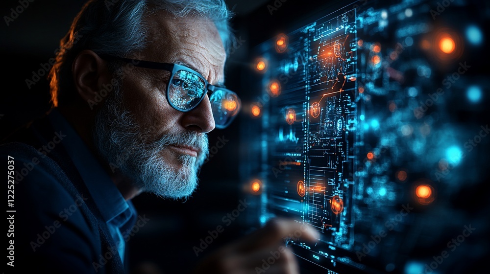 Senior man analyzing futuristic digital data on screen. Senior man analyzing futuristic digital data on screen.