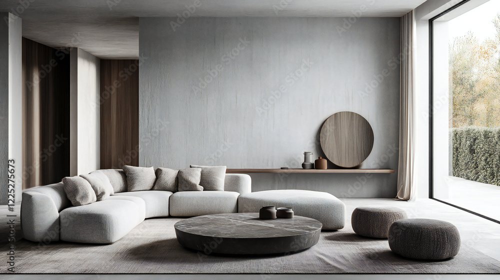 Obraz premium Interior Living Room Wall Mockup - 3d Rendering, 3d Illustration.Minimalist living room design with modular sofa and unique lighting. 3d rendering. 3D Illustration 