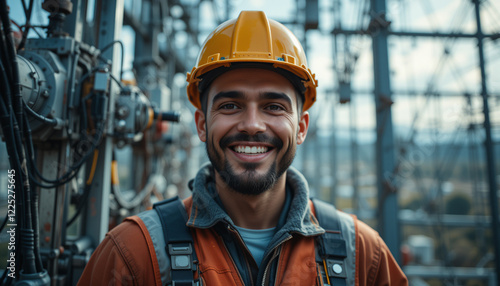 Smiling electrical engineer standing near high voltage power tower on a sunny day. Electricians Day photo