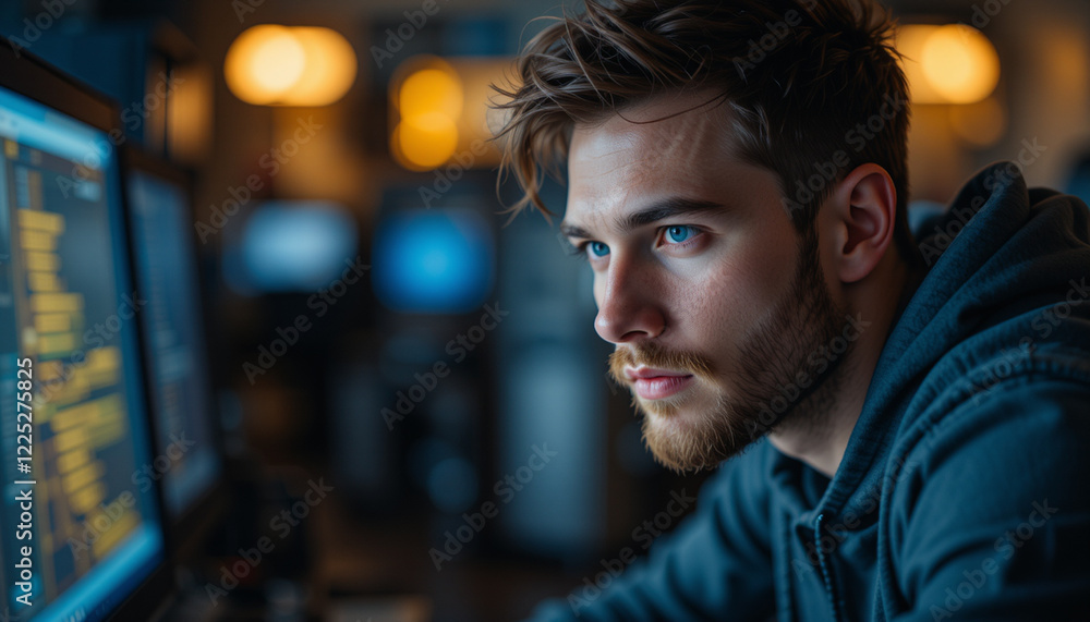 System analyst or database programmer working in front of a computer screen in the office System analyst or database programmer working in front of a computer screen in the office