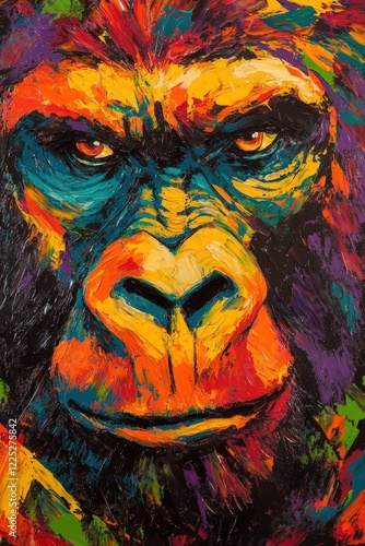 Gorilla portrait in vibrant colors showcasing artistic expression and wildlife awareness. Bold brushstrokes emphasize the importance of conservation and biodiversity. photo