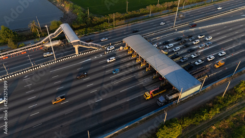 Fototapeta Naklejka Na Ścianę i Meble -  Aerial view gate for expressway fee payment in the city.