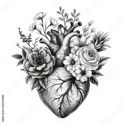 Valentines day card anatomical heart with flowers
