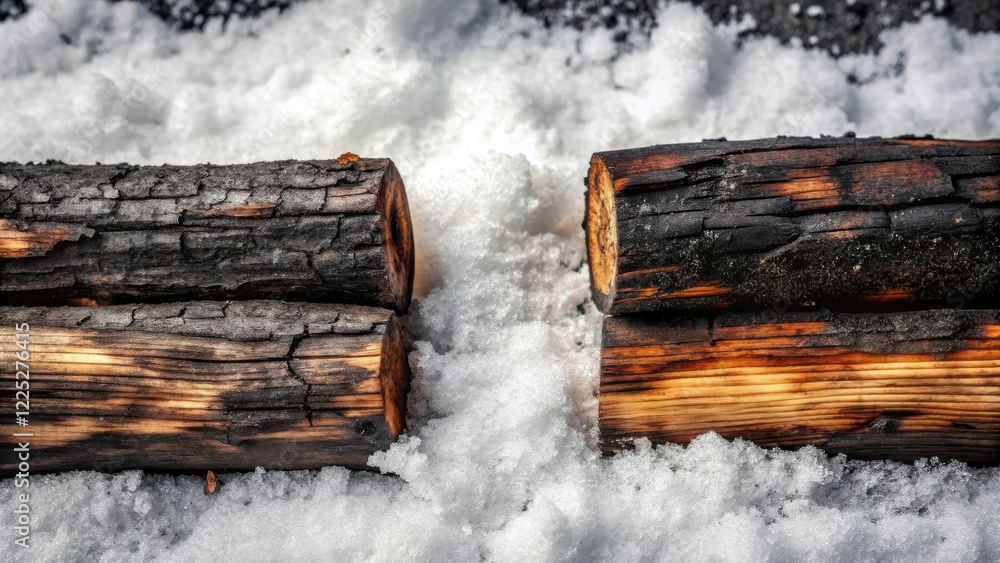 Fototapeta premium Charred Logs Resting on a Snowy Surface in Winter