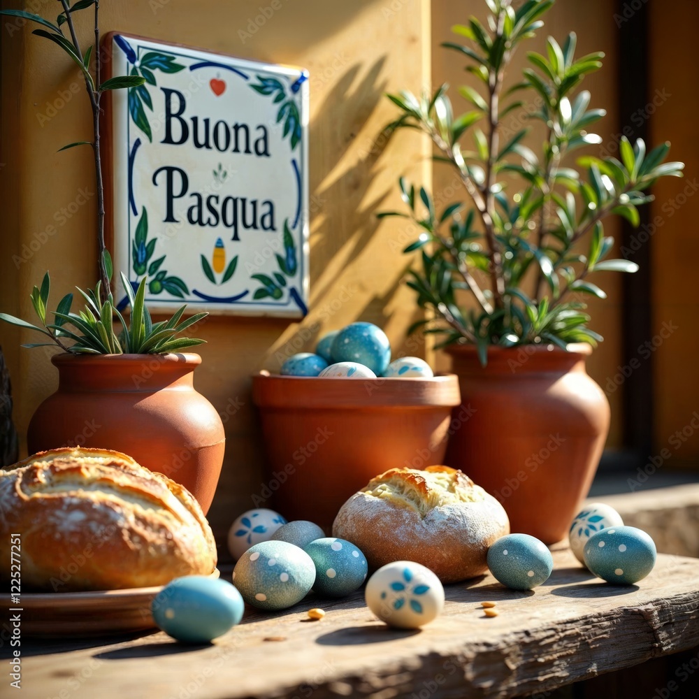 Easter celebration scene. A charming setup featuring decorated eggs, fresh bread, and potted plants, with