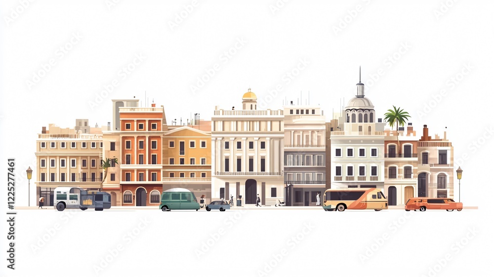 Obraz premium Urban Cityscape with Diverse Architecture and Vehicles - Wide Angle Center View