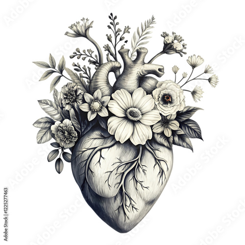 Valentines day card anatomical heart with flowers