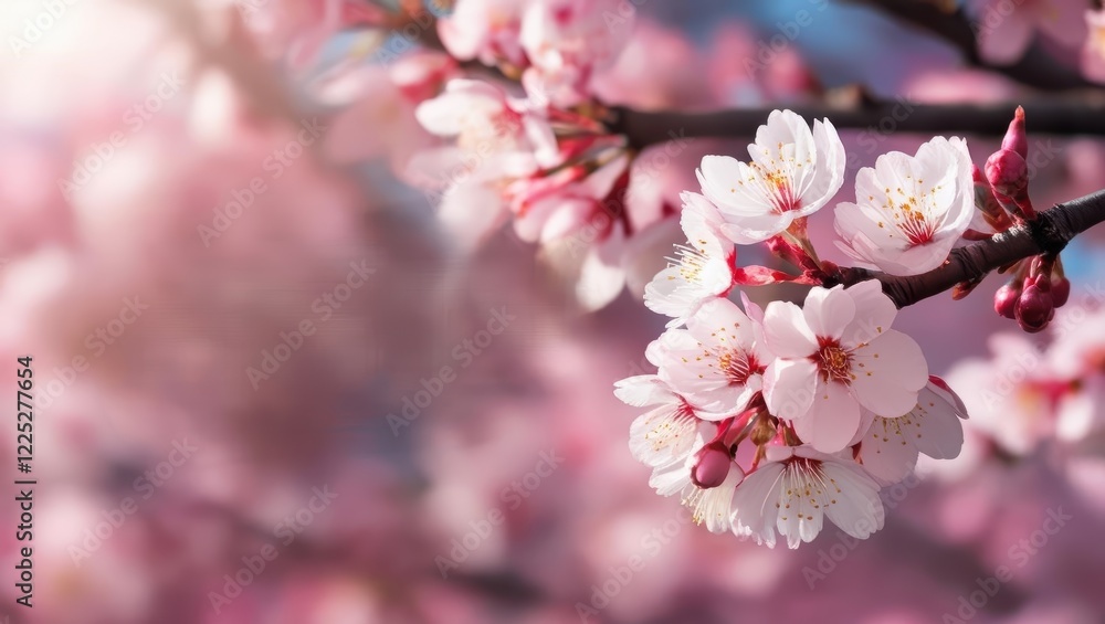 Fototapeta premium pink cherry blossoms, blossom background, travel ads, space for text