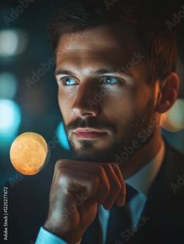 Closeup thoughtful business man looking aside in dark room. Portrait of elegant businessman touching chin in blurred background. Young man face thinking indoors. photo