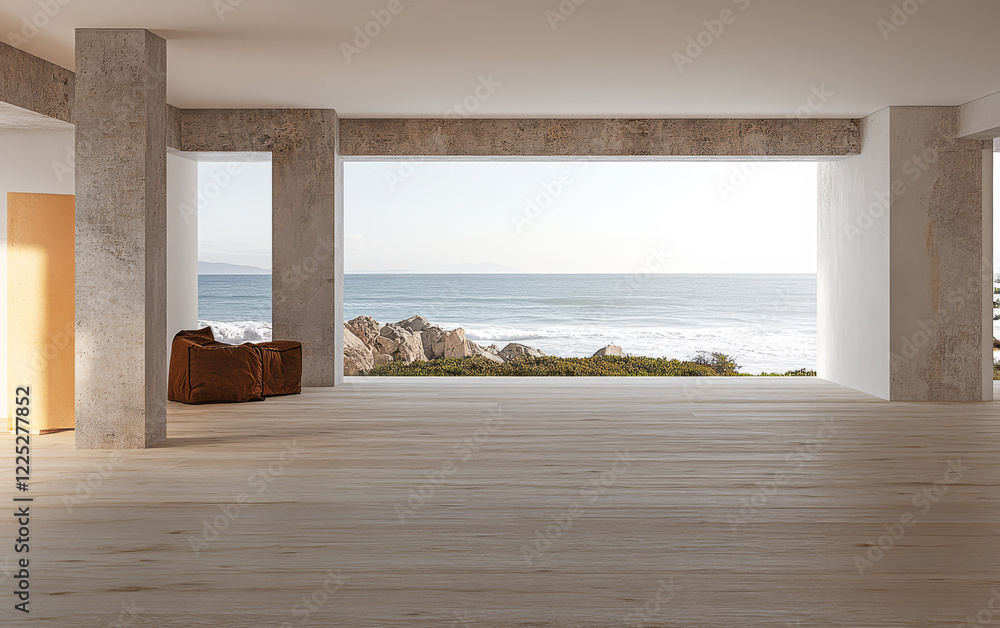 Fototapeta premium Modern interior with ocean view and natural light in contemporary architecture design
