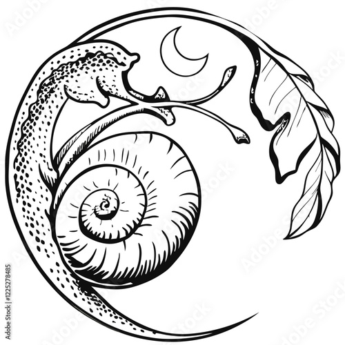 Snail with shell crawling in a stem with crescent moon vector illustration (3)