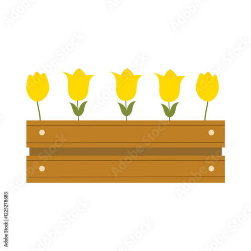 Yellow tulips in wooden box. Gardening, floriculture. Vector illustration, flat style.