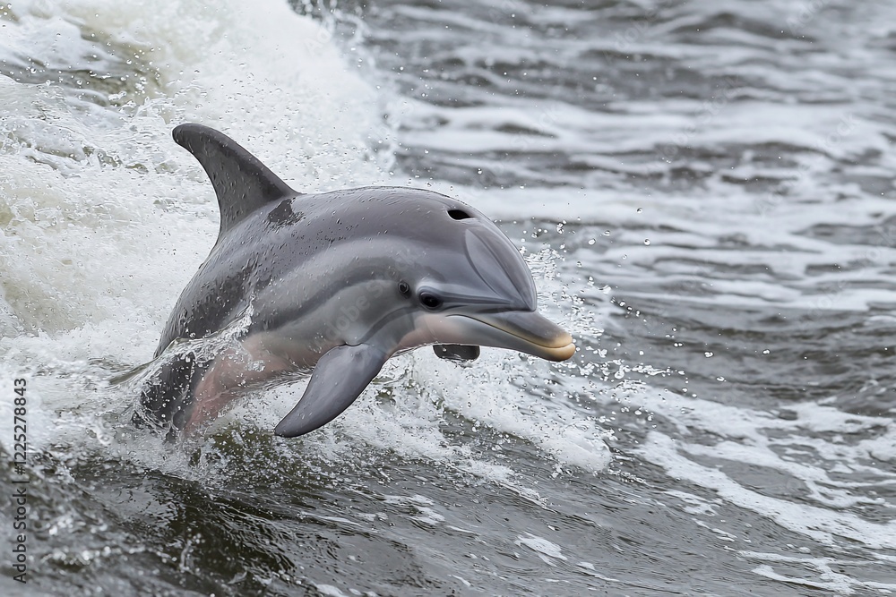 Fototapeta premium Playful dolphin leaping from ocean waves, showcasing agility and grace near the shoreline