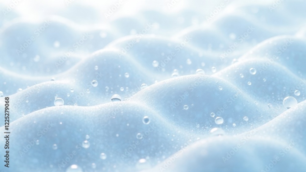Obraz premium The image is of a snowy beach with a blue sky in the background. The snow is covered in tiny water droplets, giving it a sparkling appearance. Concept of tranquility and serenity