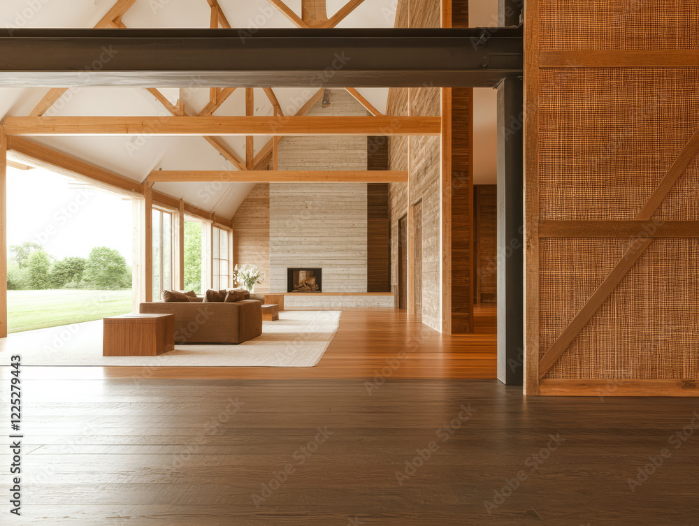 Obraz premium Modern interior of a spacious living area with wooden accents and natural light