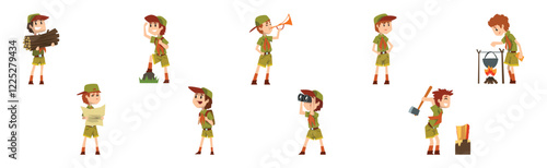 Funny Boy Scout in Khaki Uniform Explore Nature Vector Set