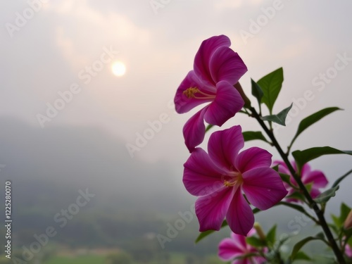Delicate Gardenia Blooms shine against a misty morning sky