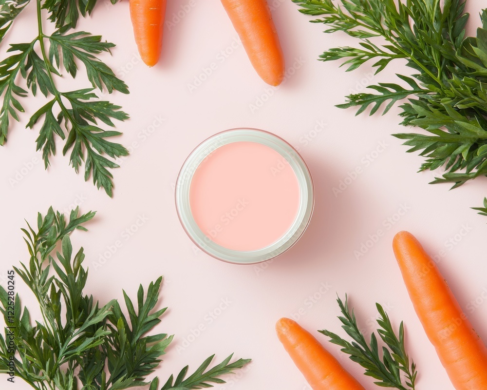A clean and minimalistic composition of carrot juice in a glass, with whole carrots and greenery creating a vibrant, natural aesthetic. A clean and minimalistic composition of carrot juice in a glass, with whole carrots and greenery creating a vibrant, natural aesthetic.