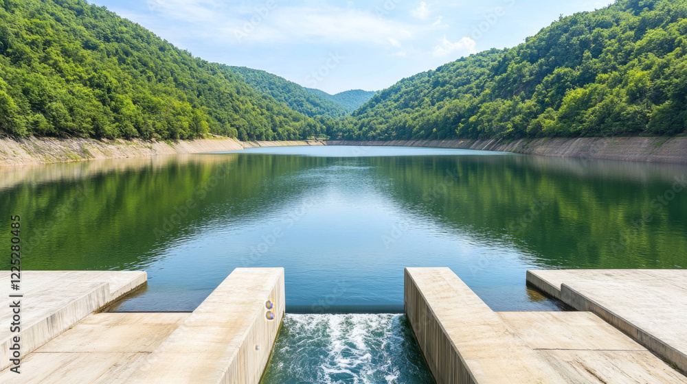 serene view of modern hydroelectric dam surrounded by lush green mountains, reflecting in calm water serene view of modern hydroelectric dam surrounded by lush green mountains, reflecting in calm water