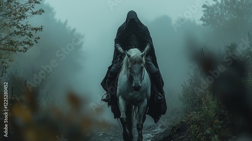A mysterious cloaked figure riding a white horse through a foggy forest path, evoking a sense of mystique and adventure
