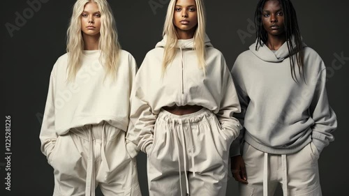 Three stylish modern girls dance and move easily in fashionable sports suits of neutral colors on a dark studio background. Sports fashion.