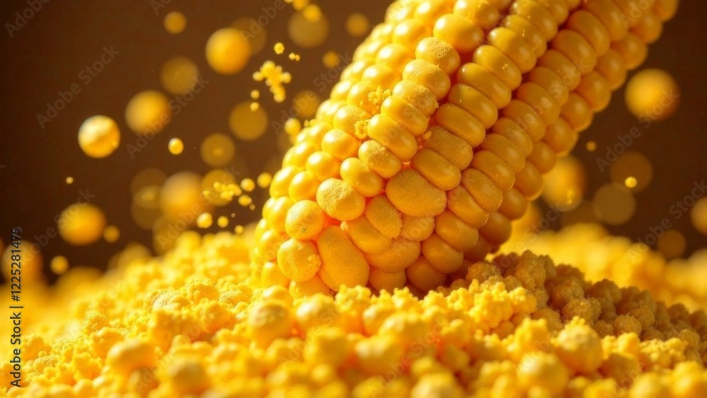 A pile of yellow corn kernels with a yellow corn cob sticking out of it. The corn is scattered all over the ground and the cob is sticking out of the pile A pile of yellow corn kernels with a yellow corn cob sticking out of it. The corn is scattered all over the ground and the cob is sticking out of the pile