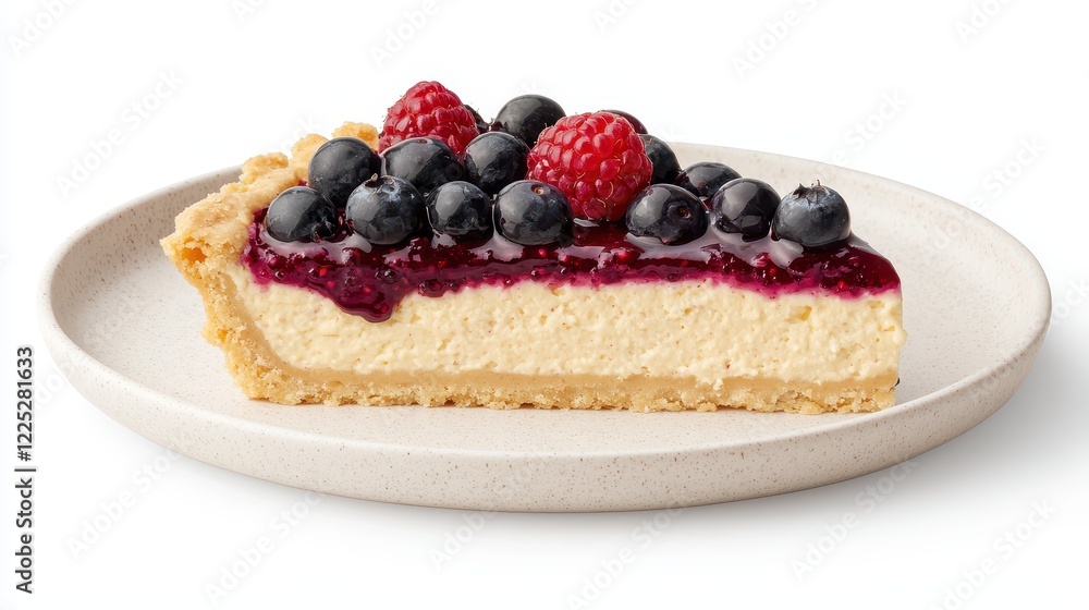 Creamy cheesecake slice with berry topping on a minimalist plate Creamy cheesecake slice with berry topping on a minimalist plate