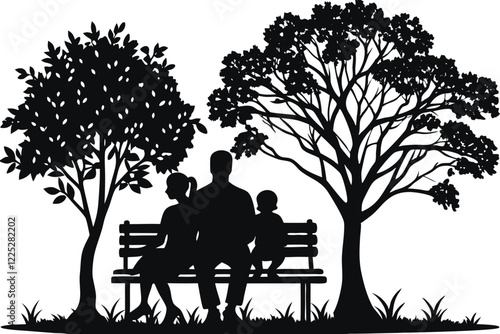 Family Silhouettes on a Park Bench under tree Silhouette