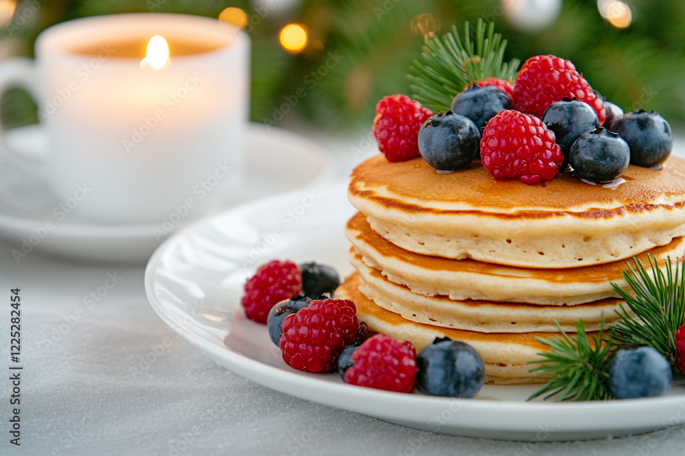 A cozy winter breakfast table elegantly set with fluffy pancakes topped with fresh berries, accompanied by steaming cups of coffee and a warm atmosphere inviting relaxation and enjoyment. A cozy winter breakfast table elegantly set with fluffy pancakes topped with fresh berries, accompanied by steaming cups of coffee and a warm atmosphere inviting relaxation and enjoyment.