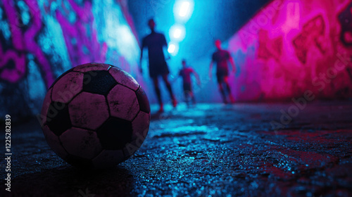 Dynamic Urban Football Scene in Vibrant Street with Graffiti and Stunning Colors