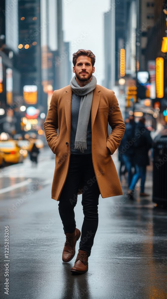 Man in a tailored coat walking in New York, stylish and confident Man in a tailored coat walking in New York, stylish and confident