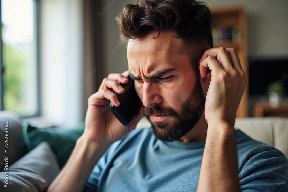 A Young Man with a Beard, Deep in Conversation on His Mobile Phone at Home, Exhibiting Signs of Distress and Frustration Amidst a Cozy Living Room Setting A Young Man with a Beard, Deep in Conversation on His Mobile Phone at Home, Exhibiting Signs of Distress and Frustration Amidst a Cozy Living Room Setting