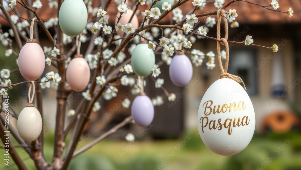 Easter egg tree. Decorated tree with pastel-colored Easter eggs and white blossoms, featuring a large egg with