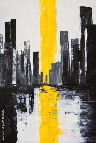 City skyline with abstract art depicting urban landscape and vibrant yellow reflections on water. Modern architecture, creativity, and contemporary design concept. photo