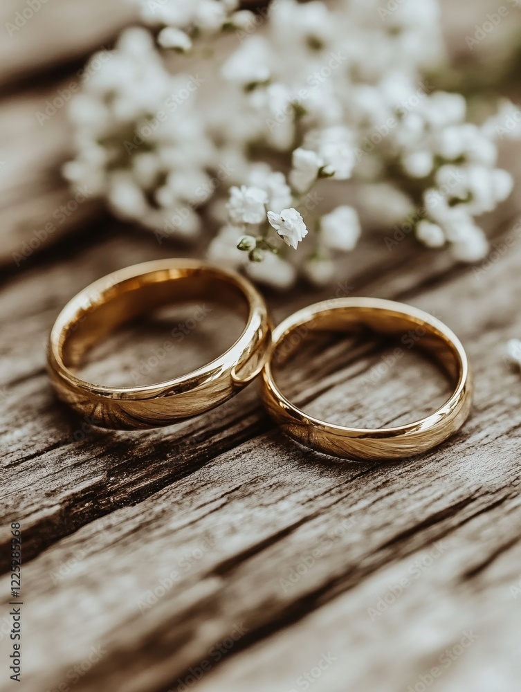 Golden wedding rings on rustic wood surface with delicate white flowers in soft focus background Golden wedding rings on rustic wood surface with delicate white flowers in soft focus background