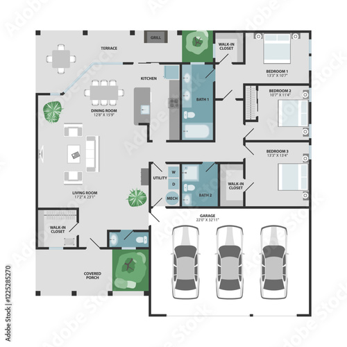Residential floor plan project of a house with 3 car garage