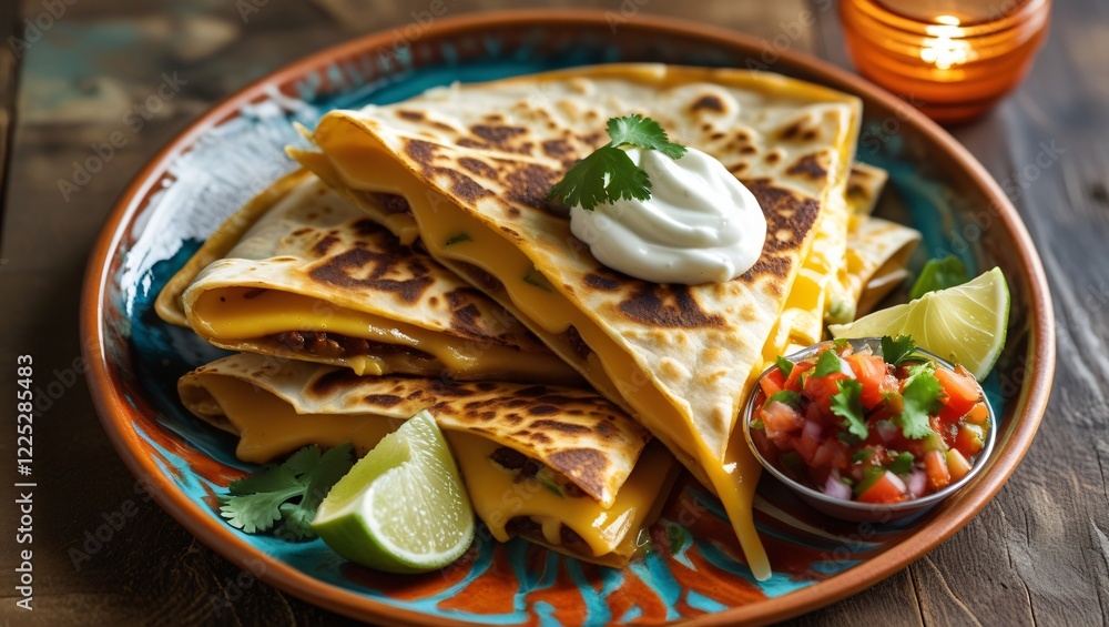 A golden cheese quesadilla with melted cheddar and Monterey Jack, served with sour cream, salsa, cilantro, and lime, set on a rustic wooden table with warm, inviting lighting. A golden cheese quesadilla with melted cheddar and Monterey Jack, served with sour cream, salsa, cilantro, and lime, set on a rustic wooden table with warm, inviting lighting.