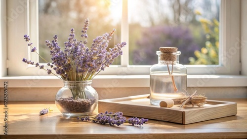 Sunlight illuminates dried lavender bouquet in glass vase, clear bottle with cork stopper, and small wooden tray on a light wood surface near window