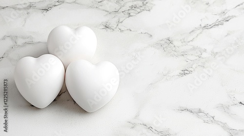 Three white hearts on marble; love, romance concept; background for Valentine's Day