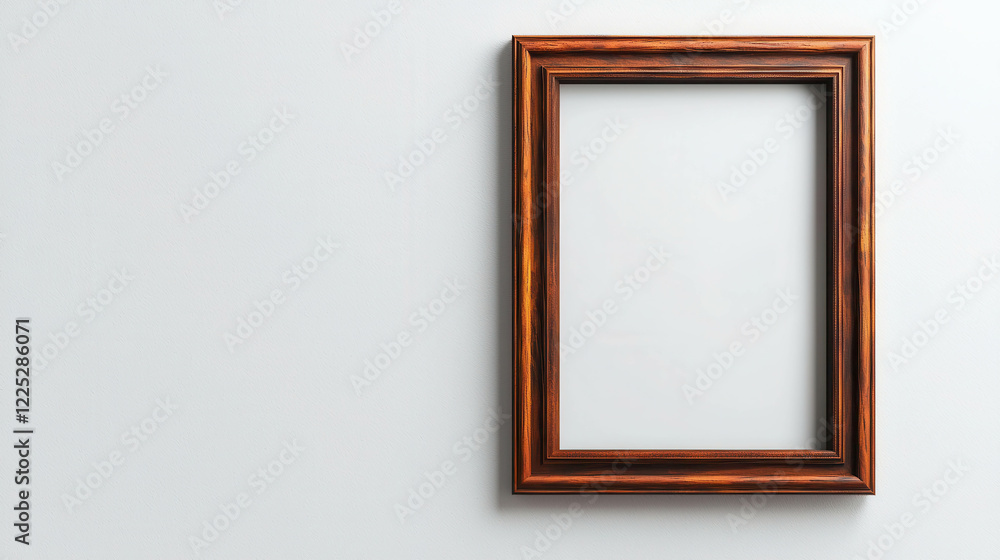 Empty Wooden Frame with Rich Dark Finish Hanging on a Light Wall in Minimalist Decor Style Empty Wooden Frame with Rich Dark Finish Hanging on a Light Wall in Minimalist Decor Style