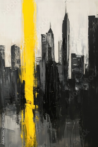 Wallpaper Mural City skyline artwork with abstract yellow and black color palette, representing urban life and modern architecture, ideal for decoration and creative spaces. Torontodigital.ca
