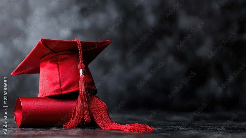Red graduation cap and diploma on dark background; education success concept