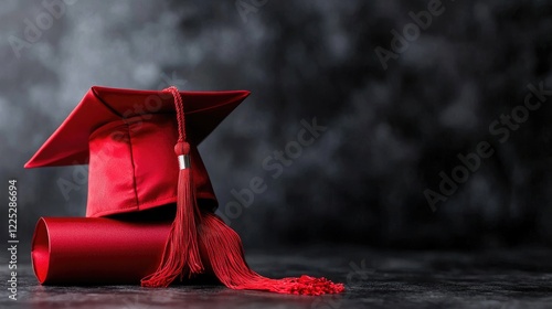 Obraz na płótnie Red graduation cap and diploma on dark background; education success concept w salonie