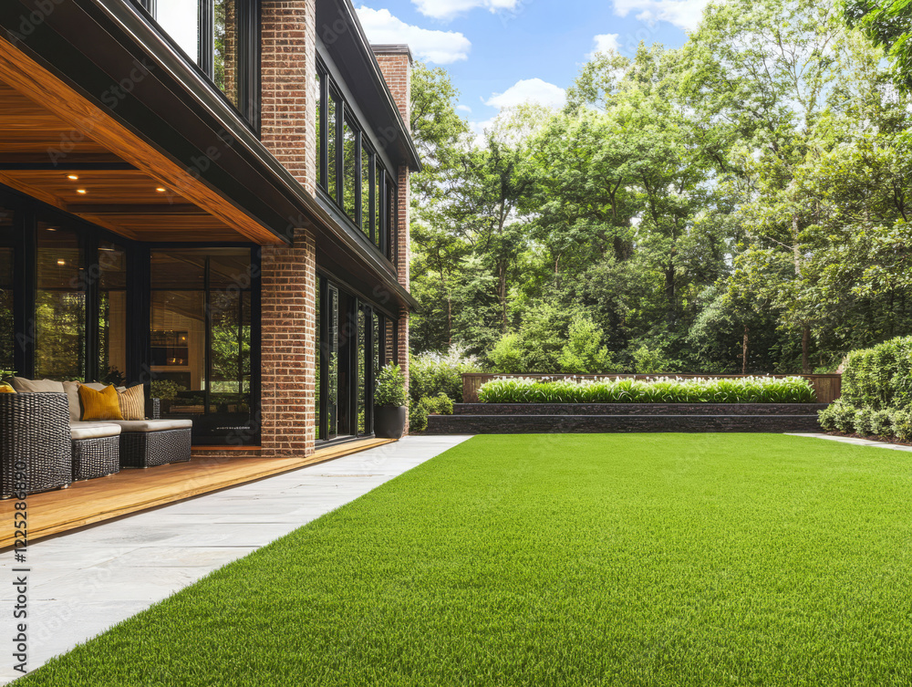 Naklejka premium Modern backyard with lush green lawn and comfortable seating area set in a natural landscape