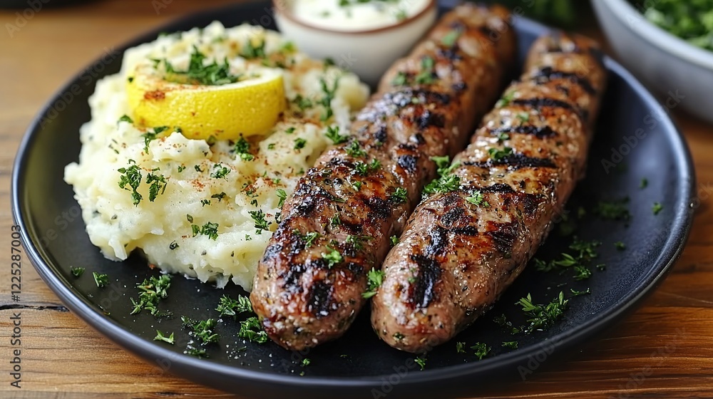 Grilled lamb skewers, mashed potatoes, lemon, herbs. Restaurant meal Grilled lamb skewers, mashed potatoes, lemon, herbs. Restaurant meal
