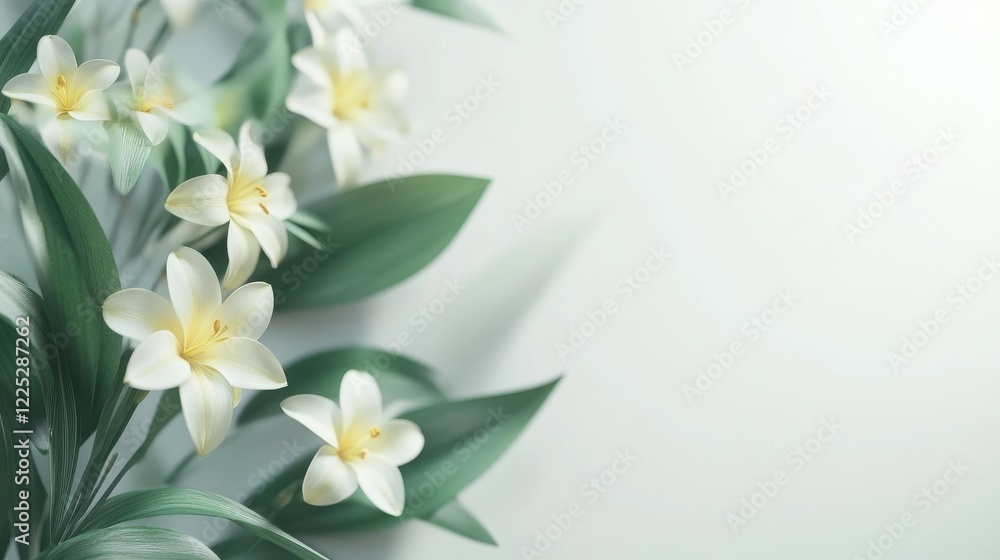Obraz premium doffodil flowers on a white background with blur and green leaves