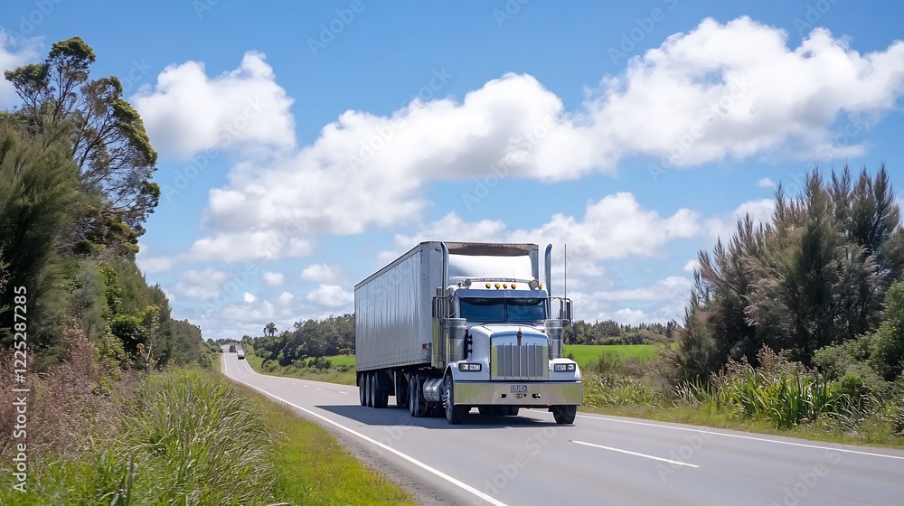 Silver truck on rural highway, sunny day Silver truck on rural highway, sunny day