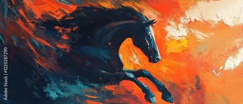 Black horse galloping through vibrant orange and blue abstract background, showcasing motion, freedom, and strength in equine art. Ideal for dynamic equestrian themes.