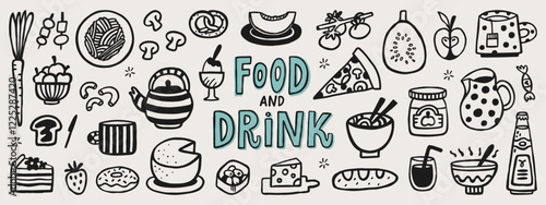 Cute food and drink hand-drawn doodle elements. Cafe vector set, breakfast, brunch, lunch menu drawings